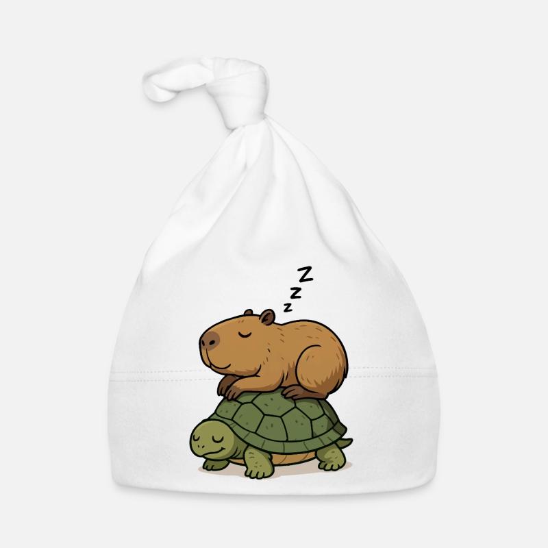 Schlummernder Capybara auf einer Schildkröte - Baby Bio-Mütze - Weiß