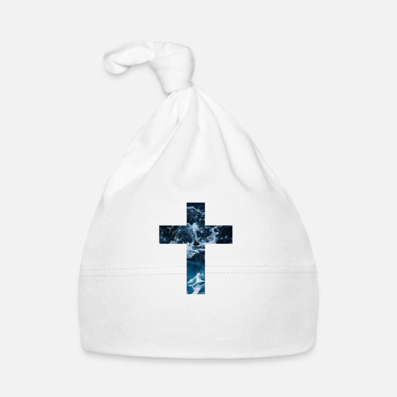 Croix chrétienne d’eau vive - Bonnet bio Bébé - blanc