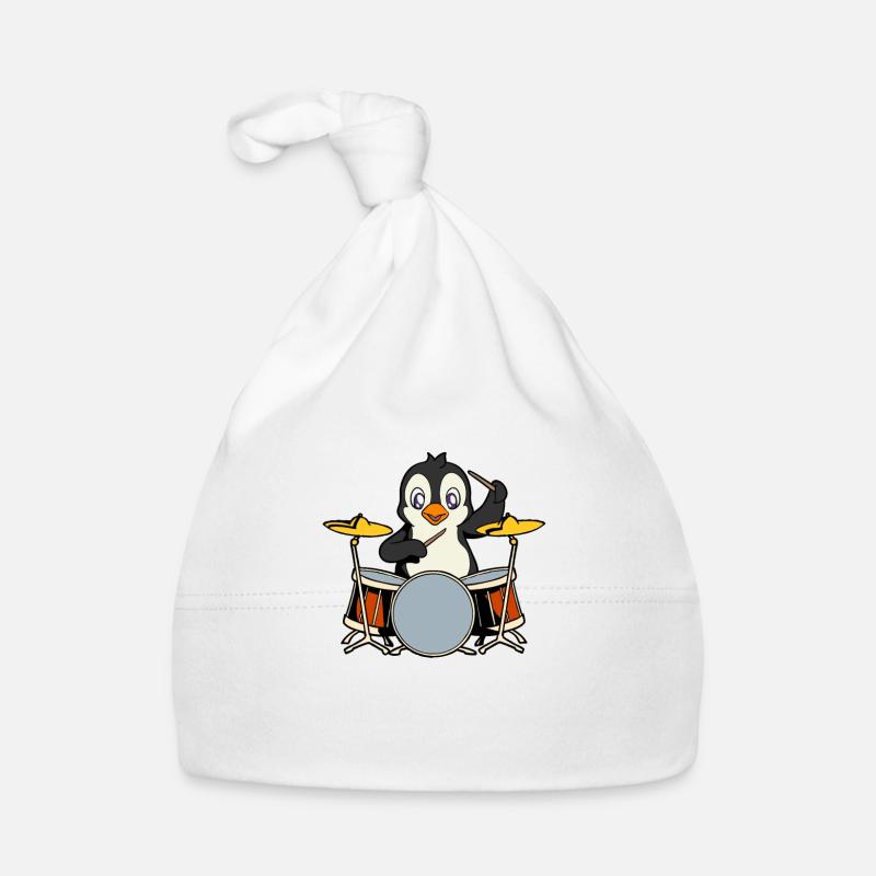 Comic Pinguin spielt Schlagzeug - Baby Bio-Mütze - Weiß