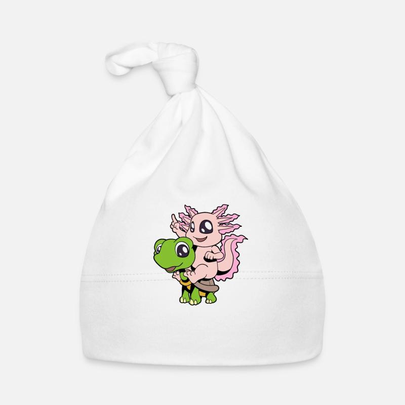 Comic - Sweet axolotl sits on turtle Organic Baby Cap