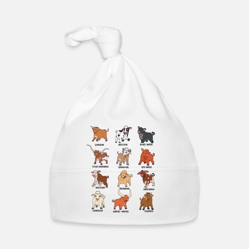 De nombreuses races de vaches - bovins kawaii de dessin animé - Bonnet bio Bébé - blanc