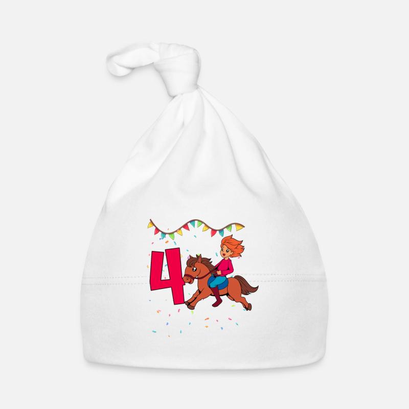 Mit Pferd - Mädchen Geburtstag 4 Jahre - Baby Bio-Mütze - Weiß