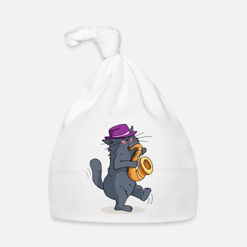 Mrou le chat saxophoniste - Bonnet bio Bébé - blanc