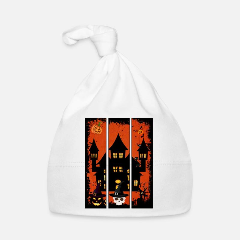 Château d’Halloween avec crâne de citrouille et chat - Bonnet bio Bébé - blanc