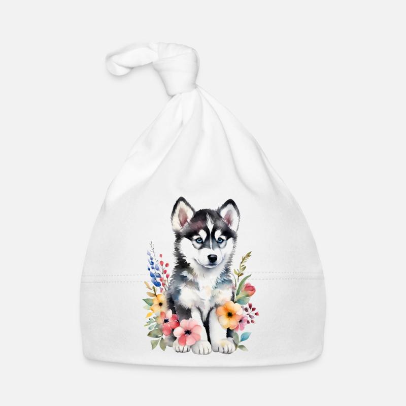 Husky bébé chiot mignon mignon dessin à l’aquarelle Bonnet bio Bébé