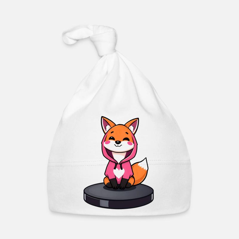 Adorable renard roux en sweat à capuche rose sur plateforme noire - Bonnet bio Bébé - blanc