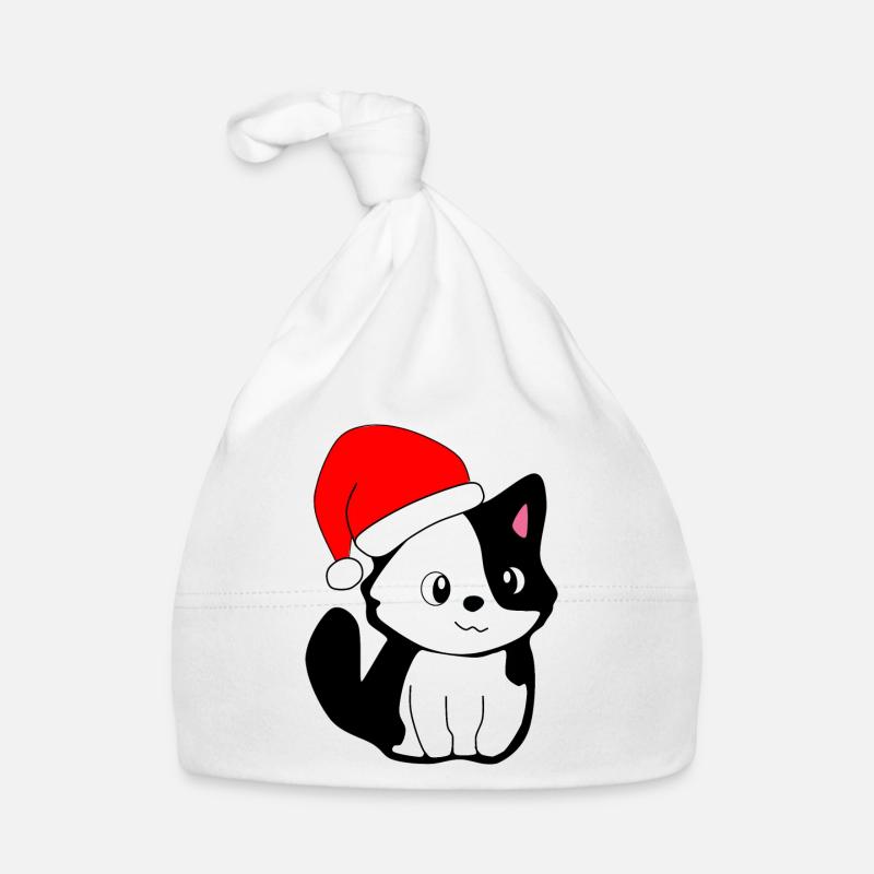 Noël - Chat festif avec chapeau de Père Noël - Bonnet bio Bébé - blanc