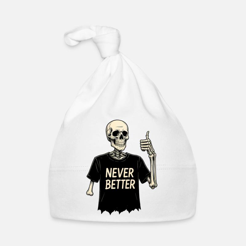 Never Better – Smiling Skeleton in a Torn Shirt Organic Baby Cap