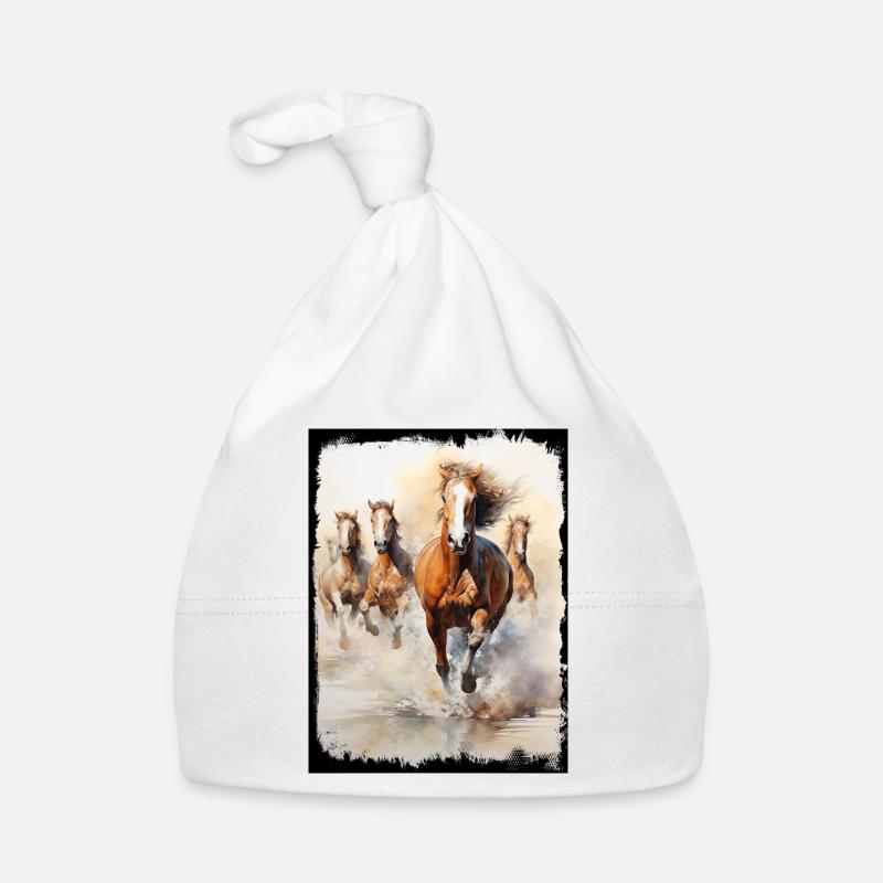 Groupe de chevaux sauvages Plage Sable Eau Éclaboussures Bonnet bio Bébé