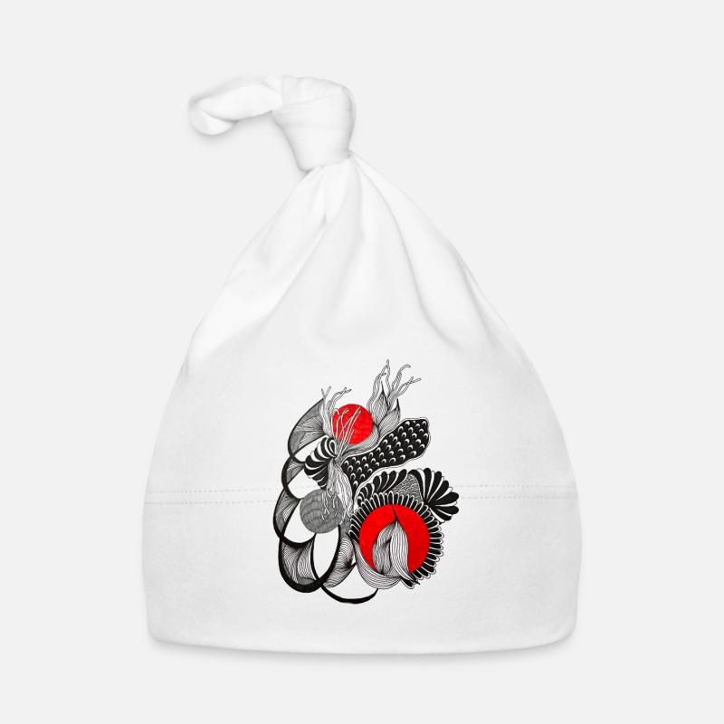 Monochrome flower circles with red Organic Baby Cap