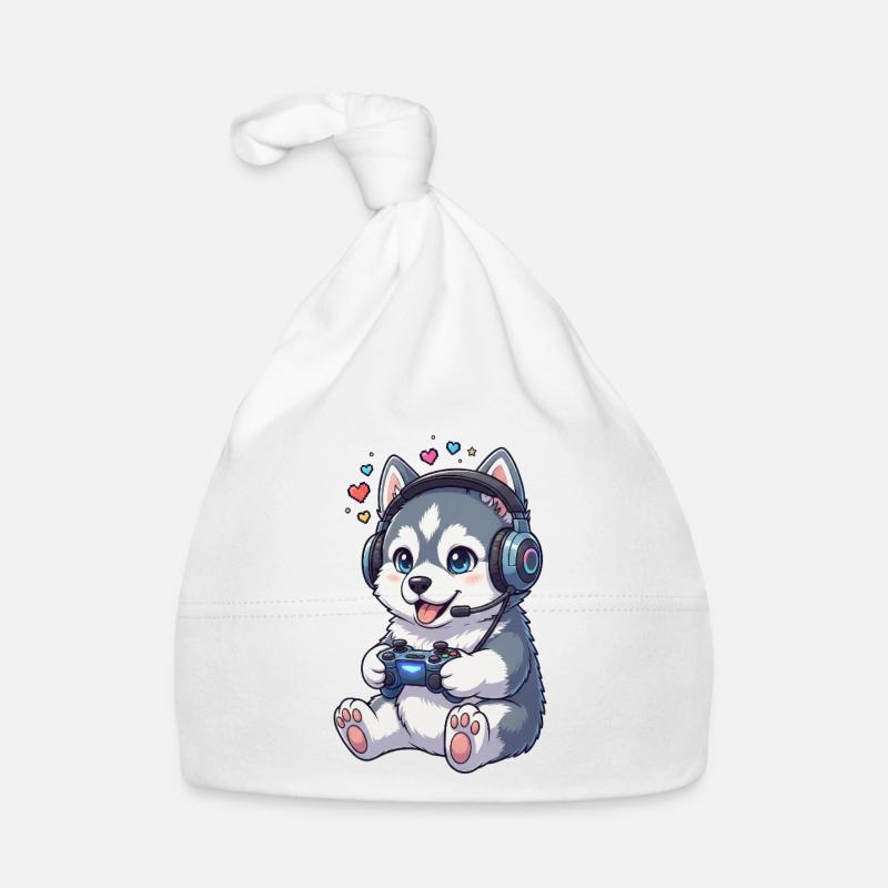 Gaming Husky mit Kopfhörern Gamer Hund Baby Bio-Mütze