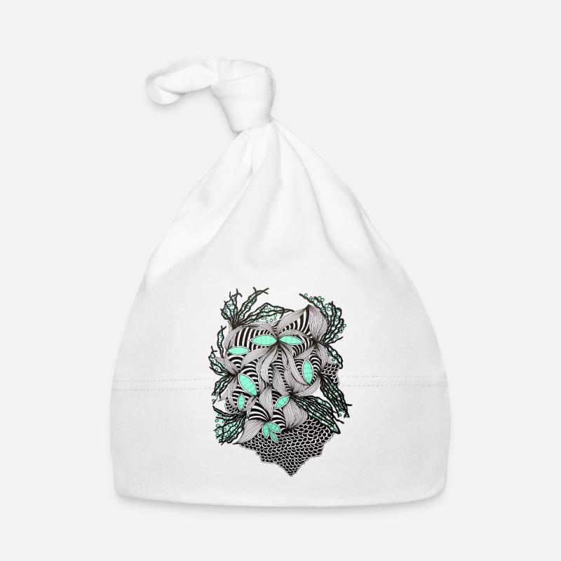 Line Flowers Pattern Mint Accent - Organic Baby Cap - white