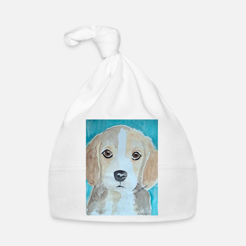 Chiot Beagle, aquarelle - Bonnet bio Bébé - blanc