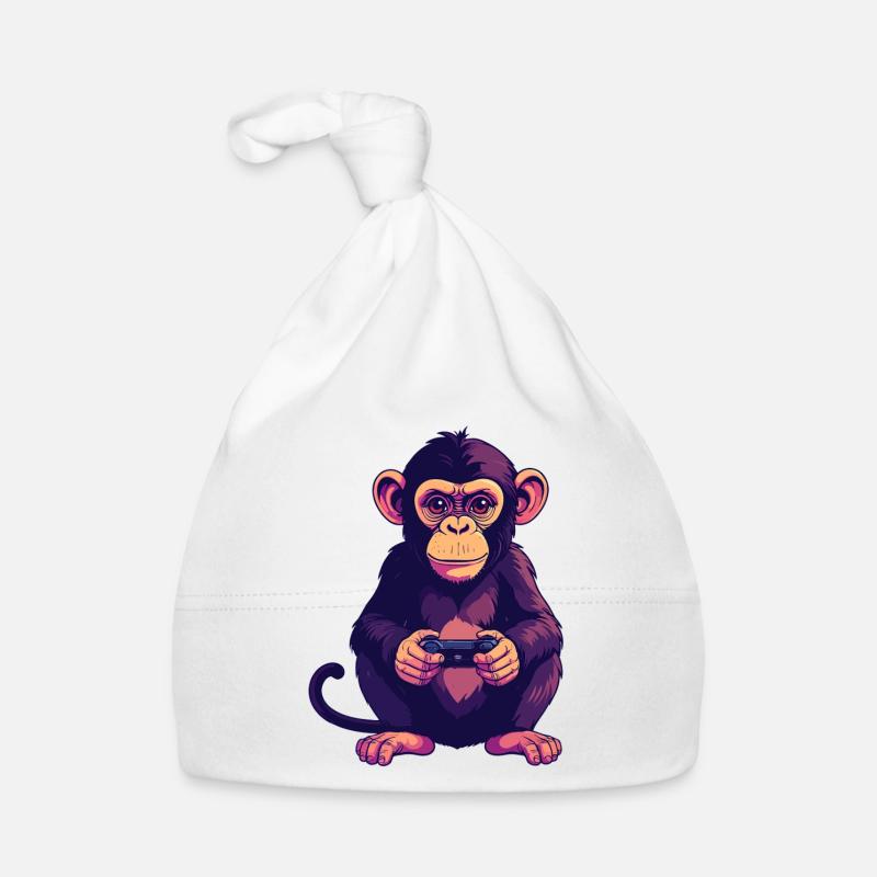 Monkey on controller playing console gaming Organic Baby Cap