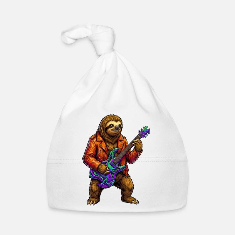 Faultier in Lederjacke mit Neon E-Gitarre - Baby Bio-Mütze - Weiß