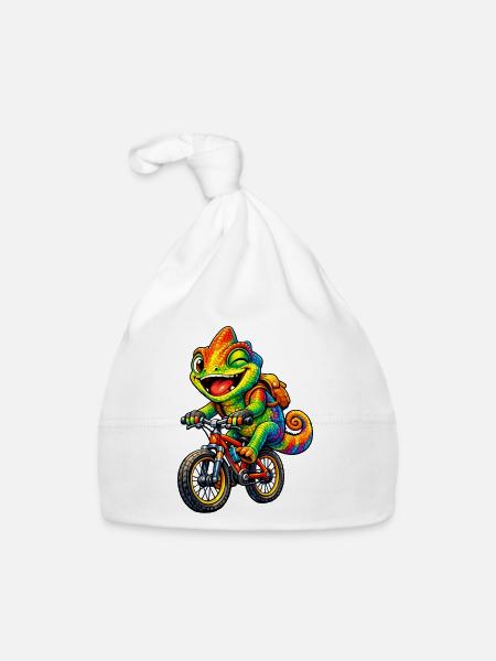 Chamäleon auf dem Fahrrad - Baby Bio-Mütze - Weiß - Vorne