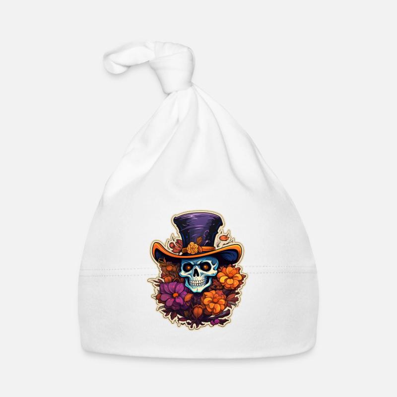 Tête de mort avec fleurs et chapeau Halloween Bonnet bio Bébé