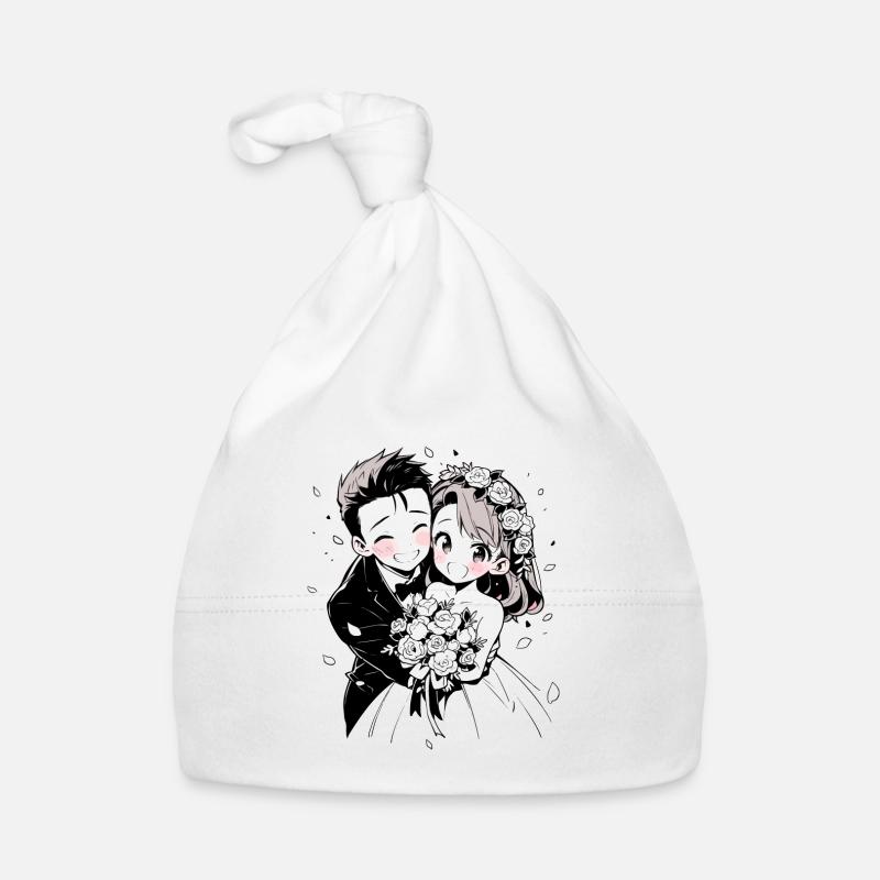 Aquarelle de mariage Anime Chibi mariée et le marié - Bonnet bio Bébé - blanc