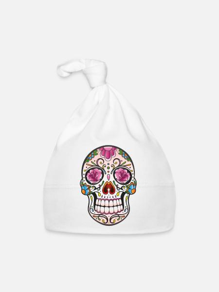 Floral Sugar Skull Tattoo - Mexikanischer Stil - Baby Bio-Mütze - Weiß - Vorne