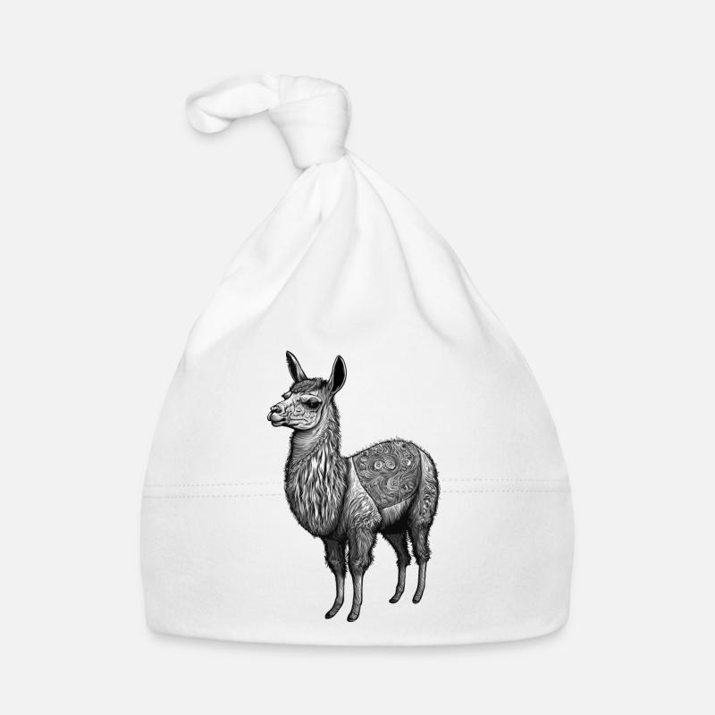 Black and White Llama Drawing with Patterns Organic Baby Cap