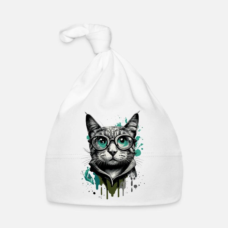 Katze mit Brille - Nerd Katze - Katzengesicht - Baby Bio-Mütze - Weiß