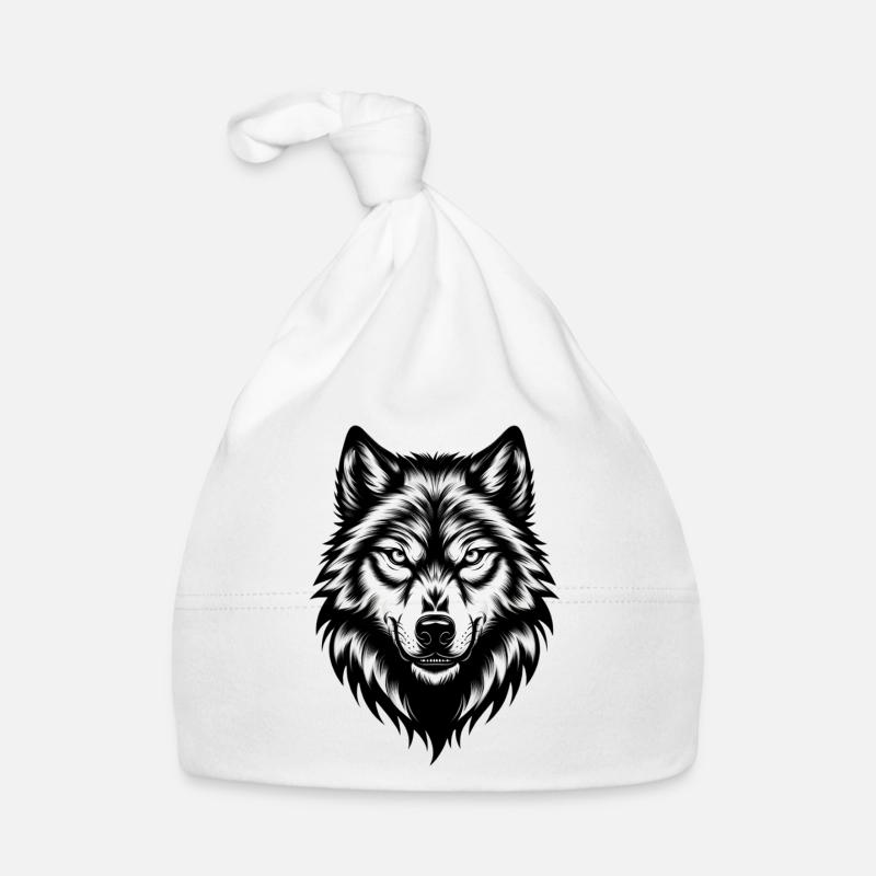 Wild Wolf's Head – Black & White - Organic Baby Cap - white