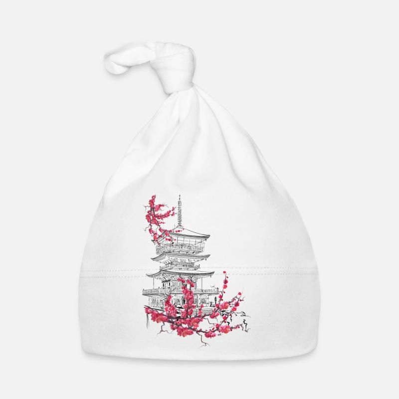 Pagode und Sakura - Baby Bio-Mütze - Weiß