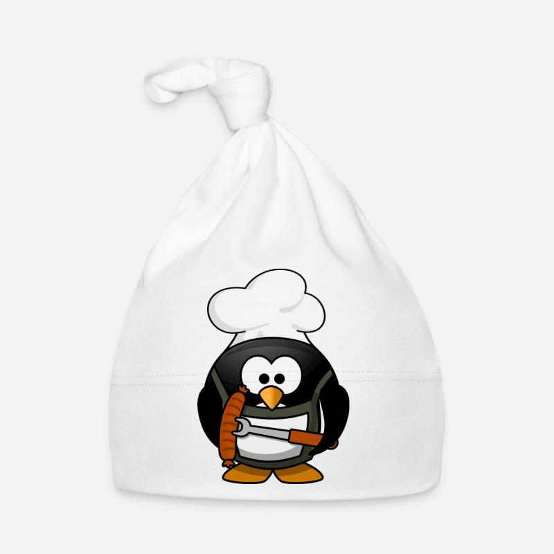 Kochender Pinguin mit Bratwurst. Geschenkidee Baby Bio-Mütze