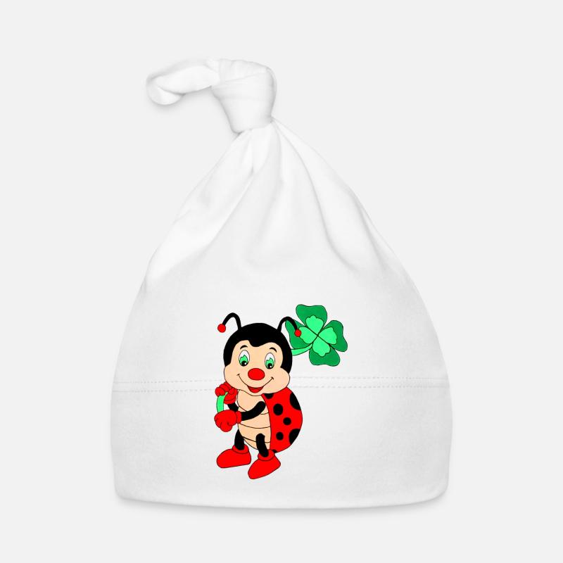 Coccinelle avec trèfle, peinte à la main - Bonnet bio Bébé - blanc