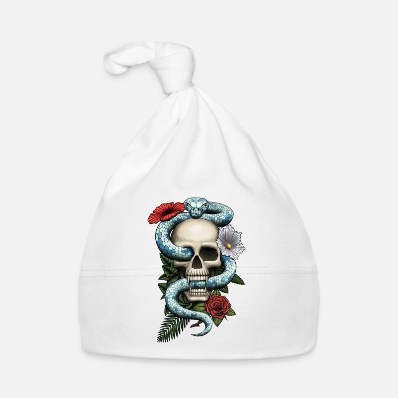Crâne avec serpent et fleurs - Bonnet bio Bébé - blanc