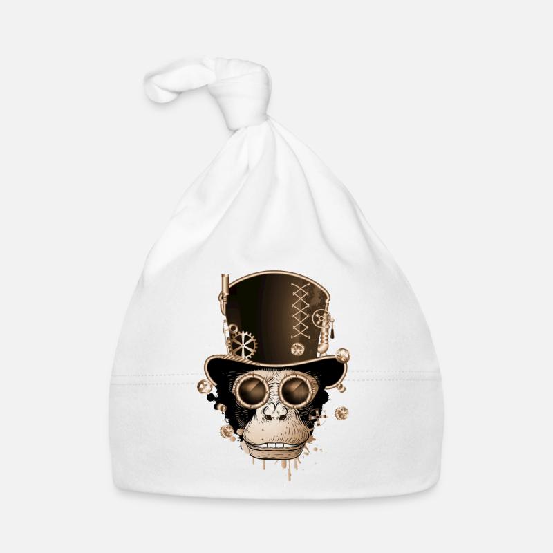 Singe steampunk avec un look de chapeau cylindre antique - Bonnet bio Bébé - blanc