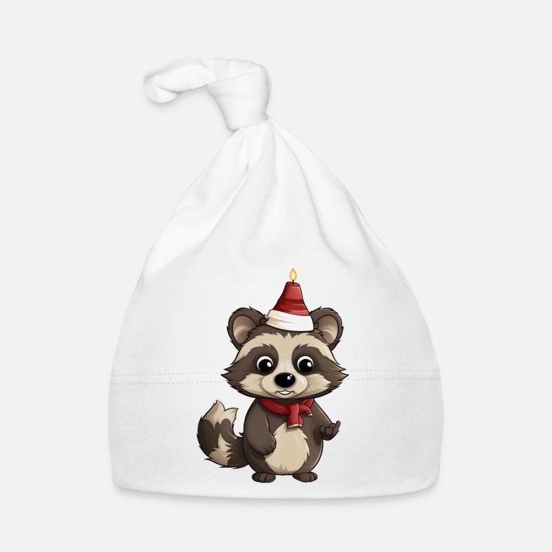 Raton laveur mignon de Noël - Conception de bande dessinée - Bonnet bio Bébé - blanc