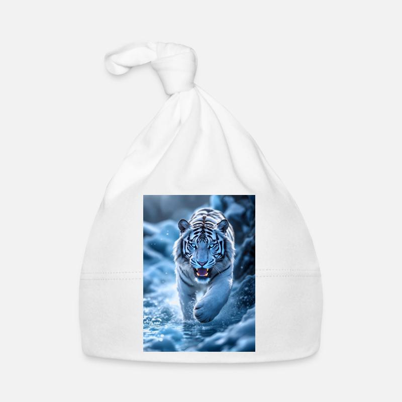 Weisser Tiger läuft durch Bachlauf Baby Bio-Mütze