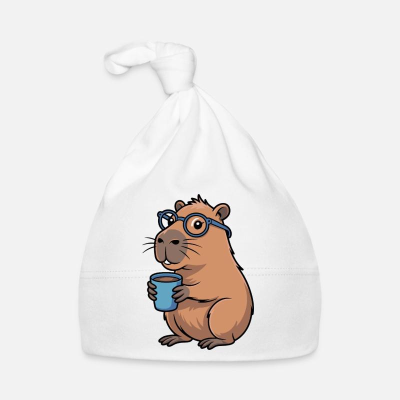 Kaffeetrinkender Capybara mit Brille - Baby Bio-Mütze - Weiß