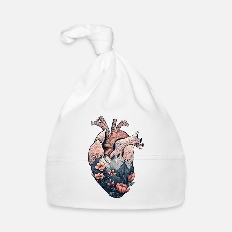 Cœur anatomique avec montagnes et fleurs - Bonnet bio Bébé - blanc