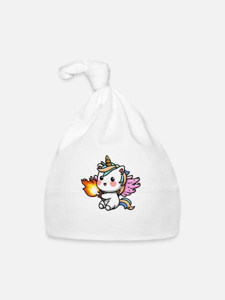 00223 süßes Einhorn mit Flügel spielt mit Feuer - Baby Bio-Mütze - Weiß - Vorne