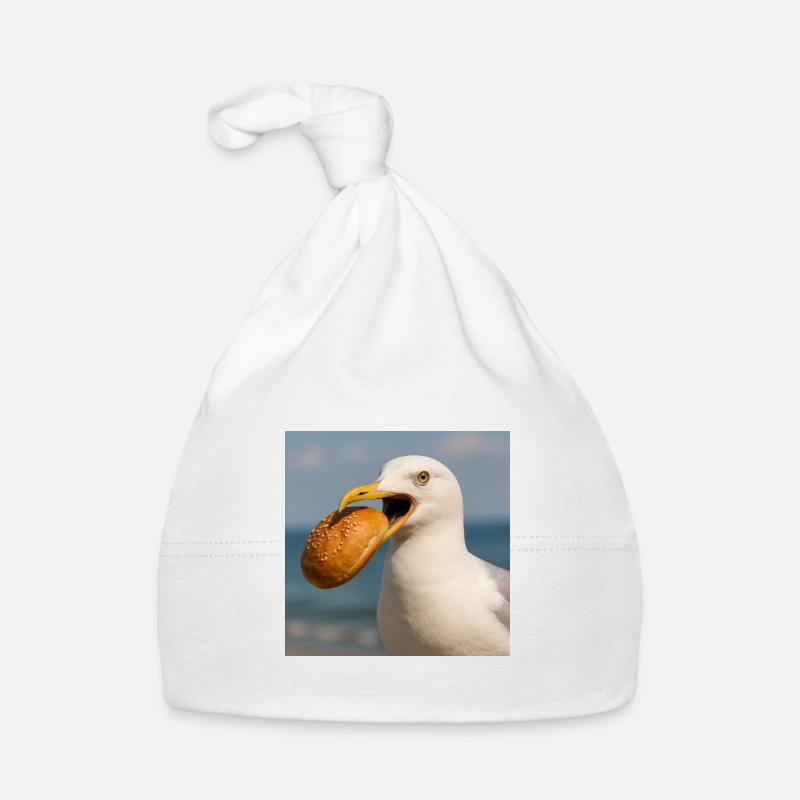 Möwe Vogel mit Brötchen im Schnabel Nordsee Hafen Baby Bio-Mütze