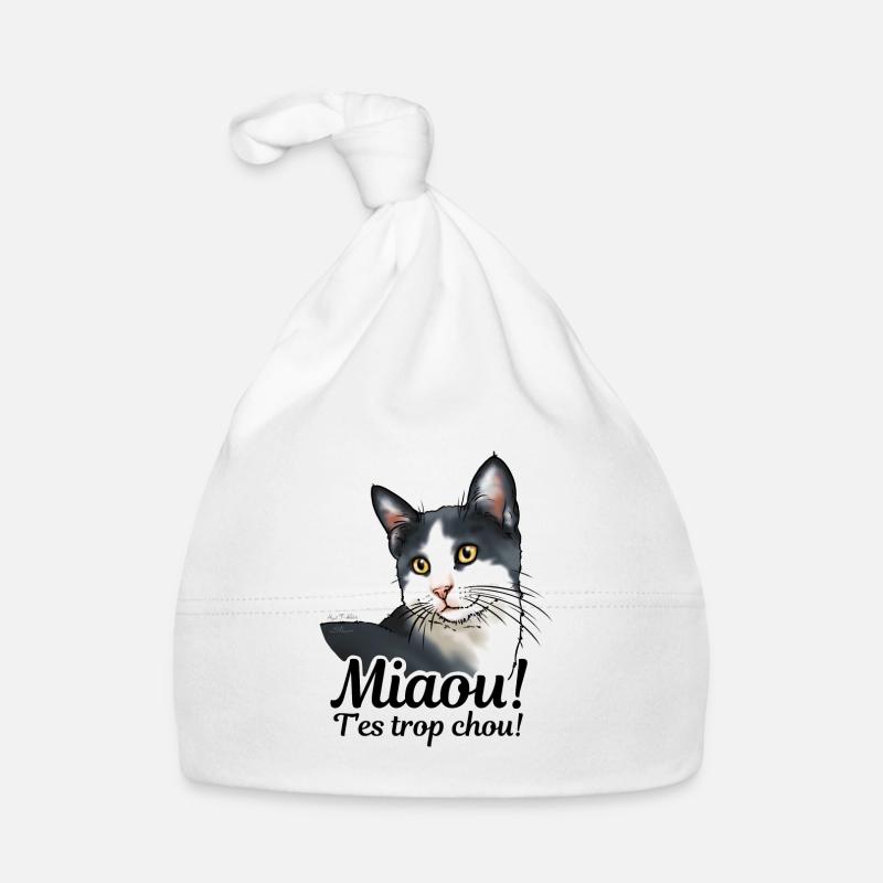 chat noir et blanc Miaou (texte noir) - Bonnet bio Bébé - blanc