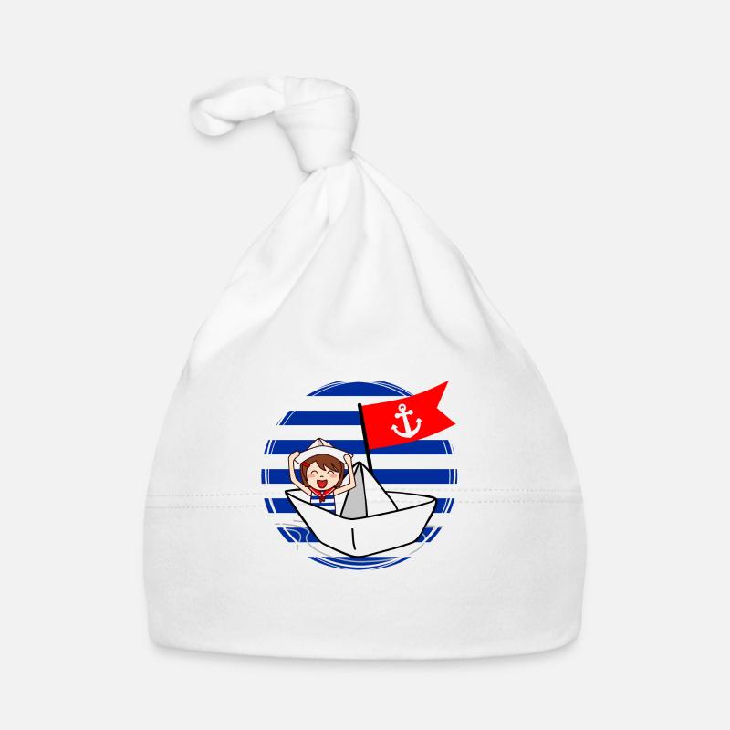 Marine - petit marin sur son bateau - Bonnet bio Bébé - blanc