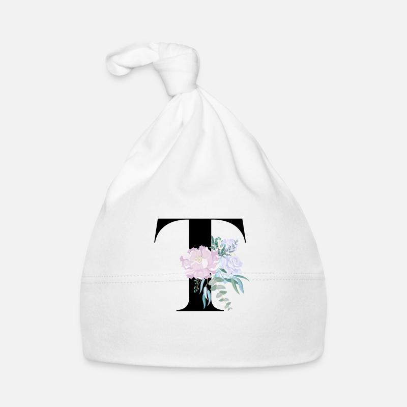 lettre T fleuris - Bonnet bio Bébé - blanc