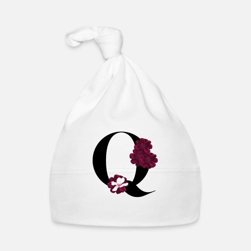 lettre Q fleuris - Bonnet bio Bébé - blanc