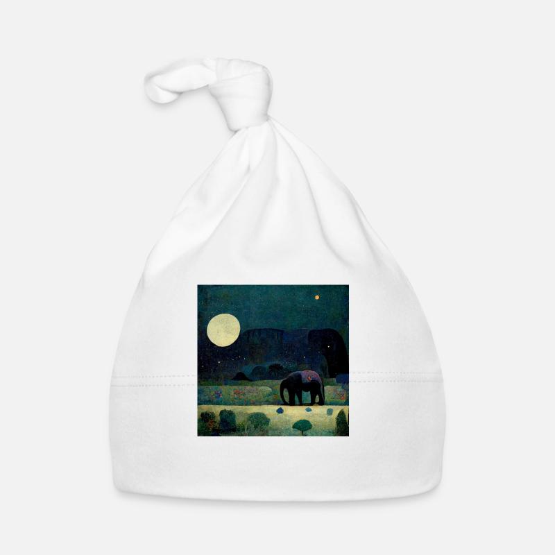 Une promenade éléphant dans la pleine lune - Bonnet bio Bébé - blanc