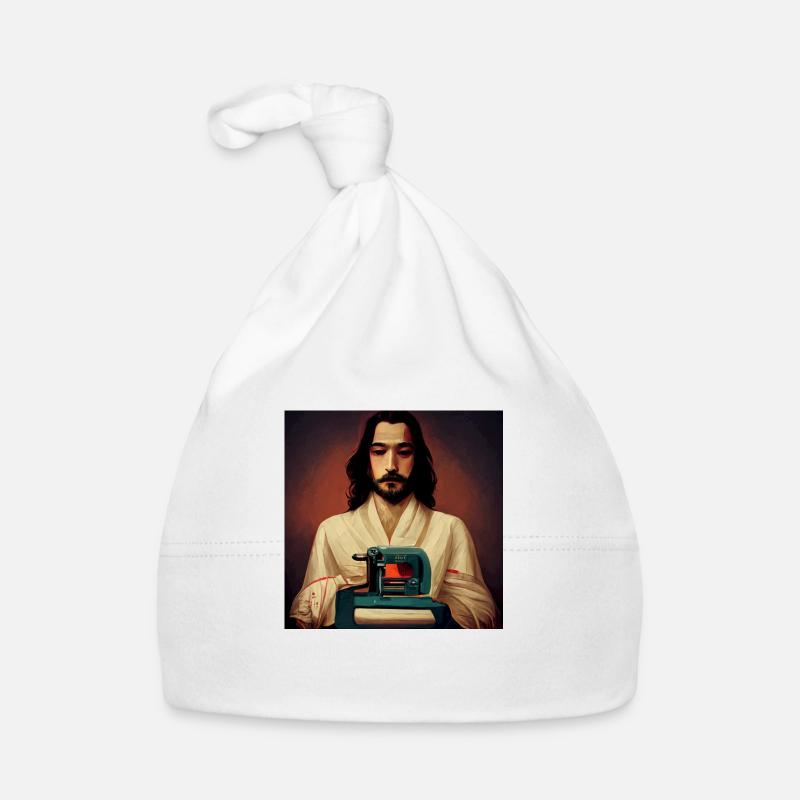 Jésus à la machine à coudre - Bonnet bio Bébé - blanc