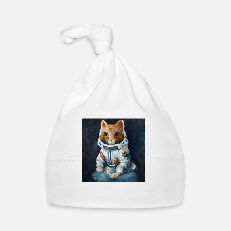 ginger cat wearing an grey astronaut Bonnet bio Bébé