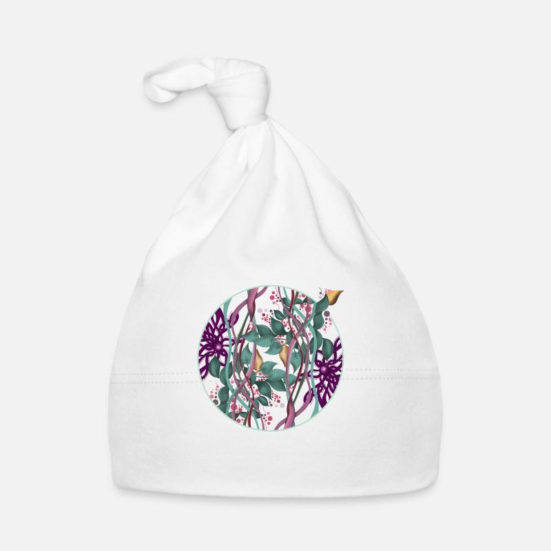Cercle de motifs avec feuilles et points - Bonnet bio Bébé - blanc