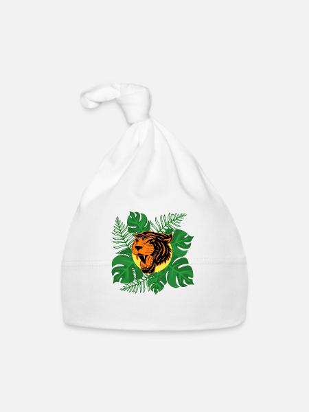 Tiger Jungle Roar Monstera Leaves Gift - Organic Baby Cap - white - Front