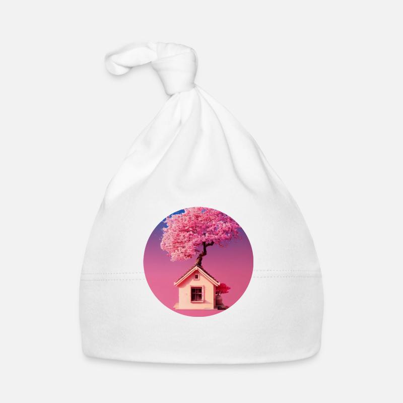 Maison de fées entourée de sakura roses - Bonnet bio Bébé - blanc