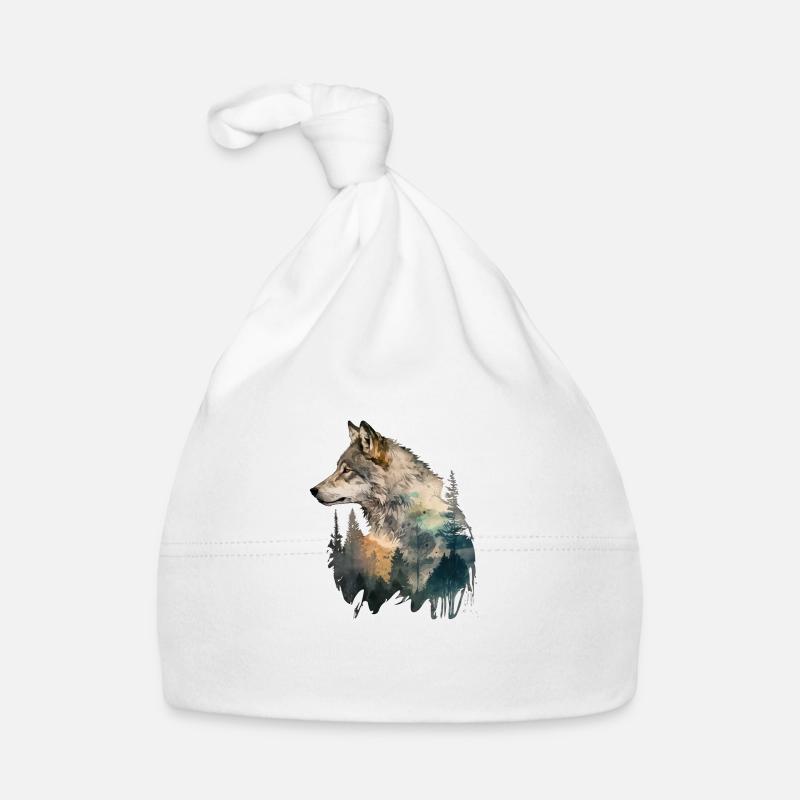 Wolf Trees Paysage Aquarelle - Bonnet bio Bébé - blanc