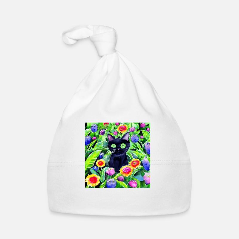 Chat noir assis dans un jardin de fleurs Bonnet bio Bébé