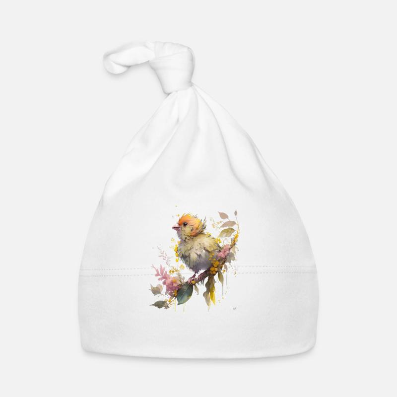 Petit oiseau aquarelliste avec des feuilles et des fleurs Bonnet bio Bébé